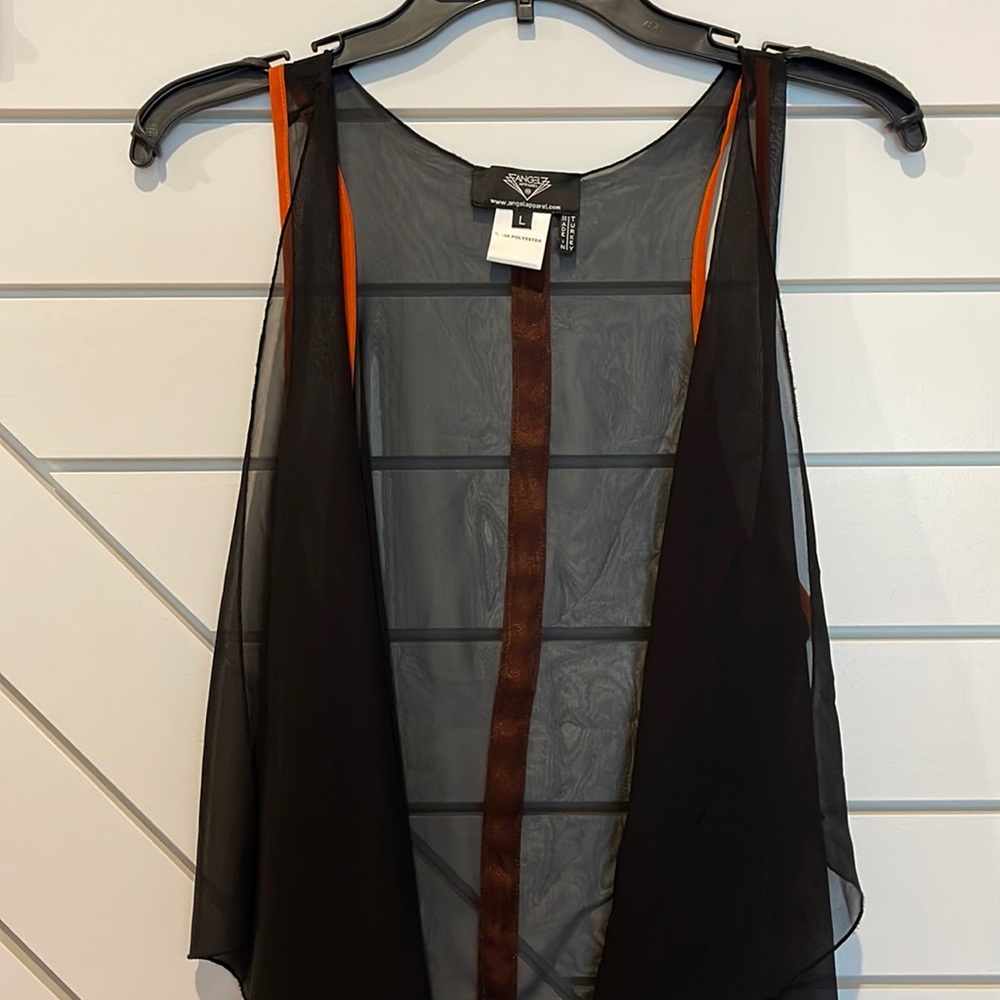 Sheer black vest with orange accents.
